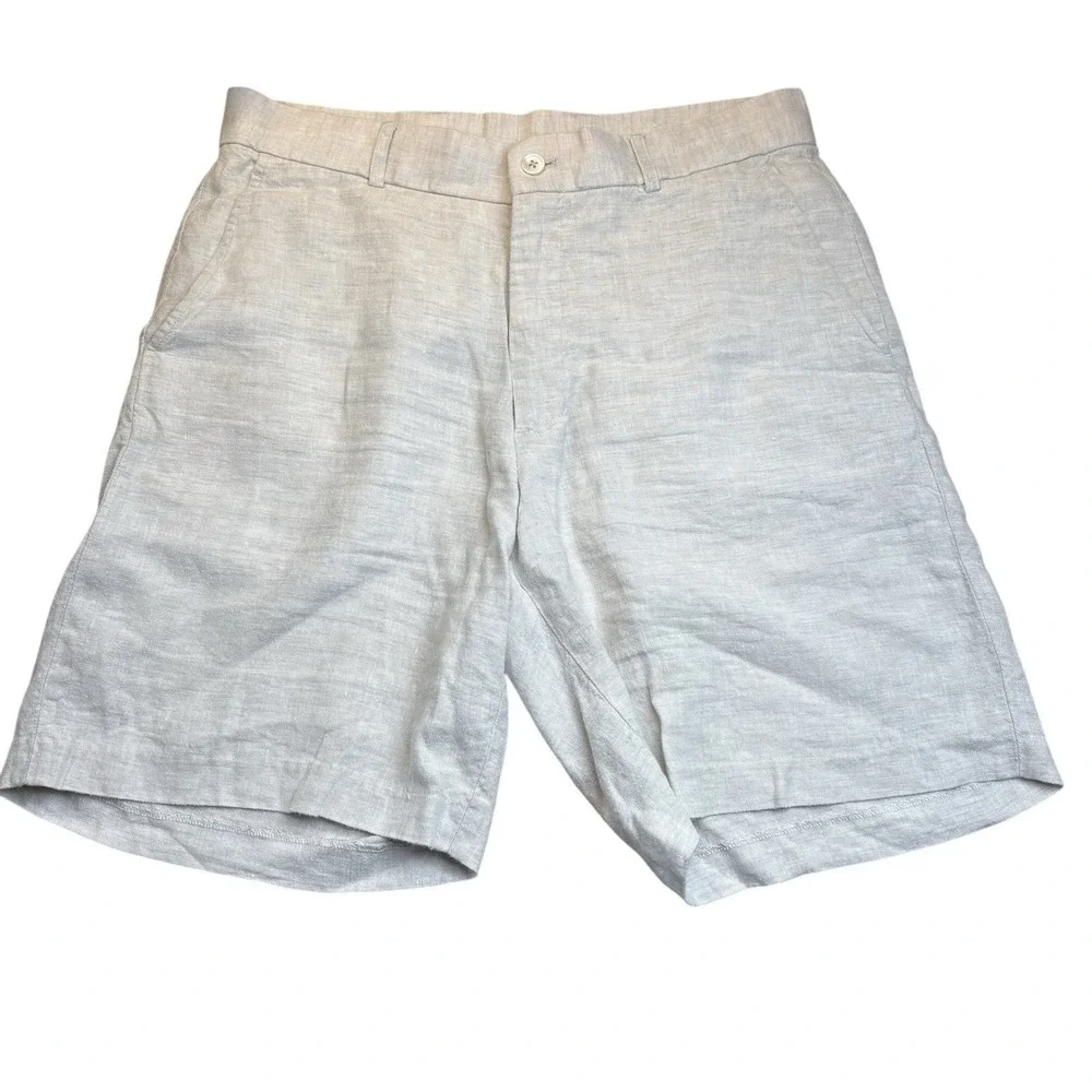 J. McLaughlin 100% Linen Khaki Shorts Size 32 Preppy Beach Coastal